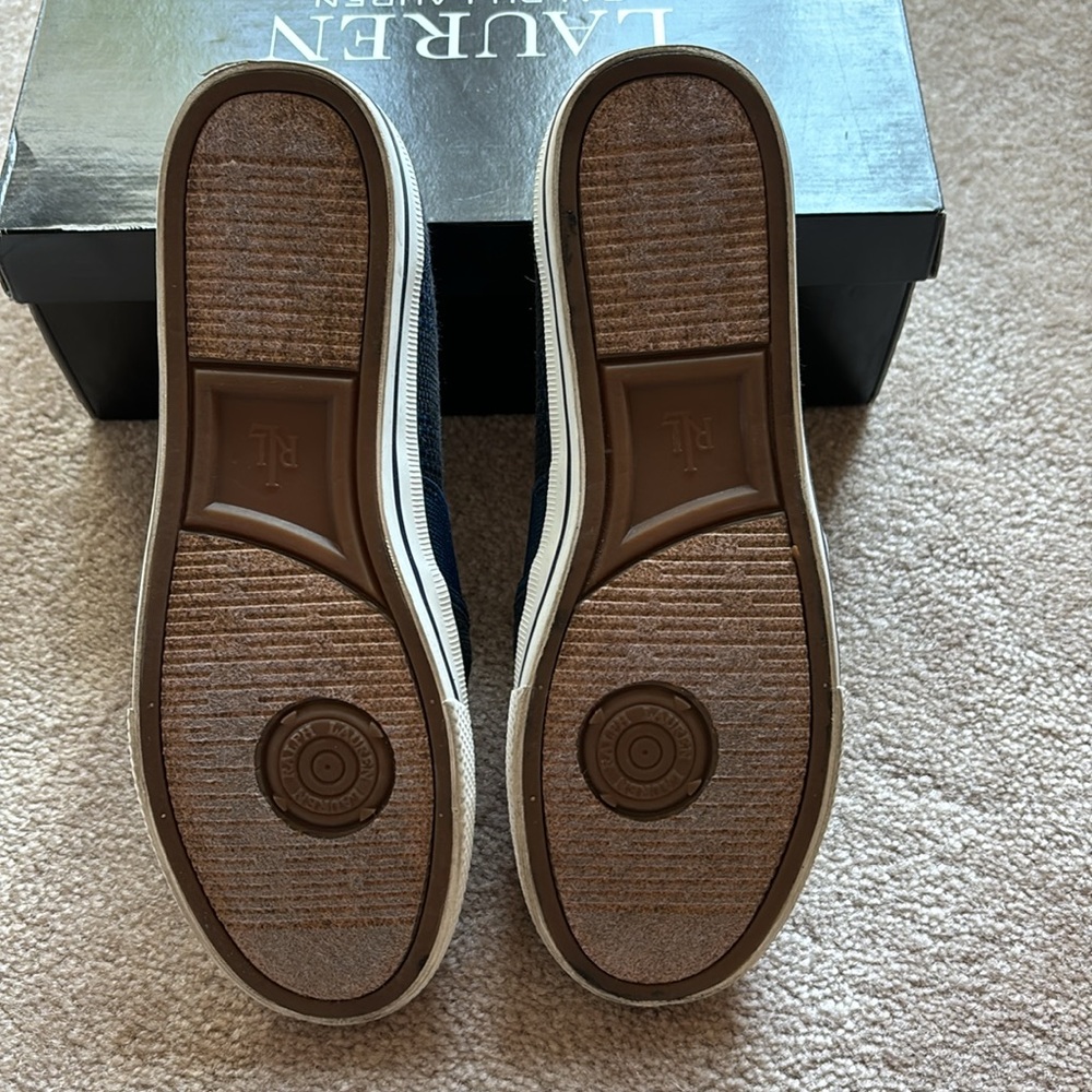 Ralph Lauren Navy Strip Texture Faux Straw Sneakers. - Picture 3 of 7